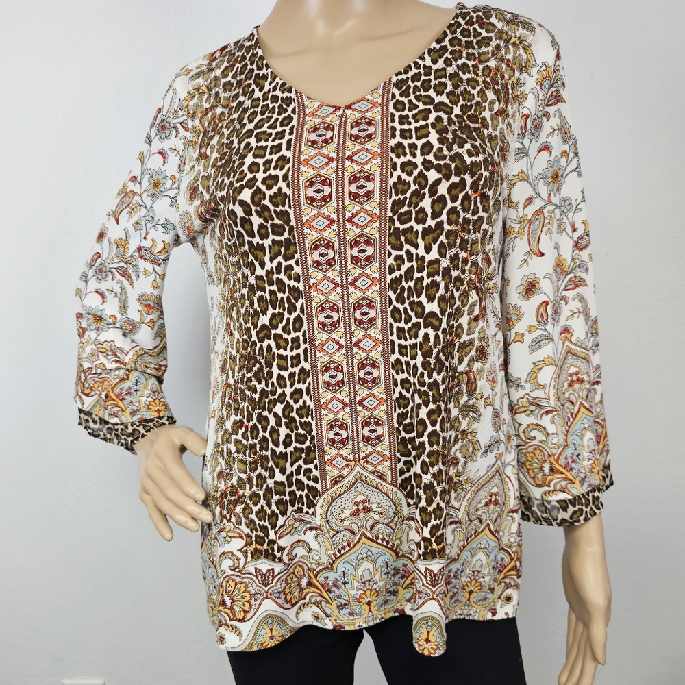 Chico's Tunic Top Jersey Knit Floral/Animal Print V-Neck 3/4 Sleeve Sz S/4